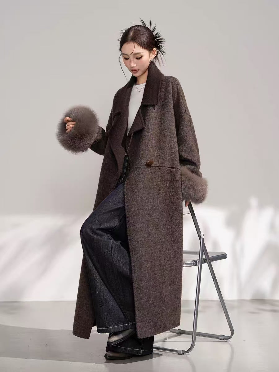 Pure Wool Midi Coat with Fox Fur Cuffs