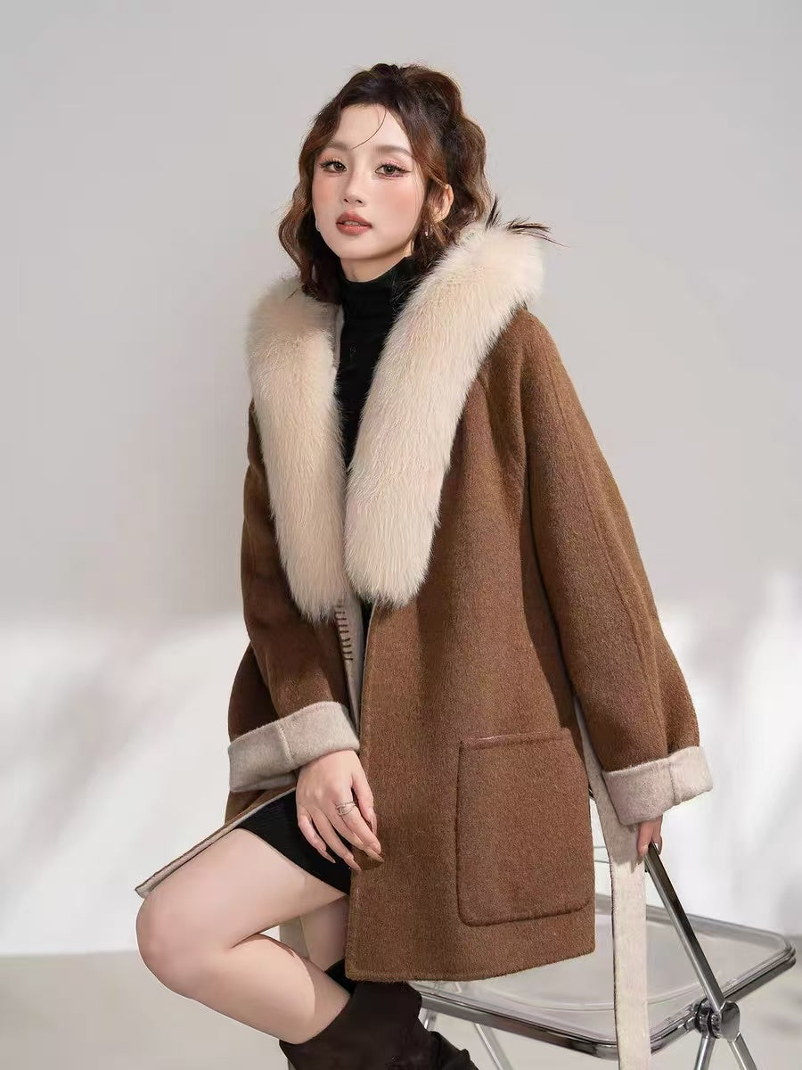 Luxe Fox Fur Collar Pure Wool Midi Coat