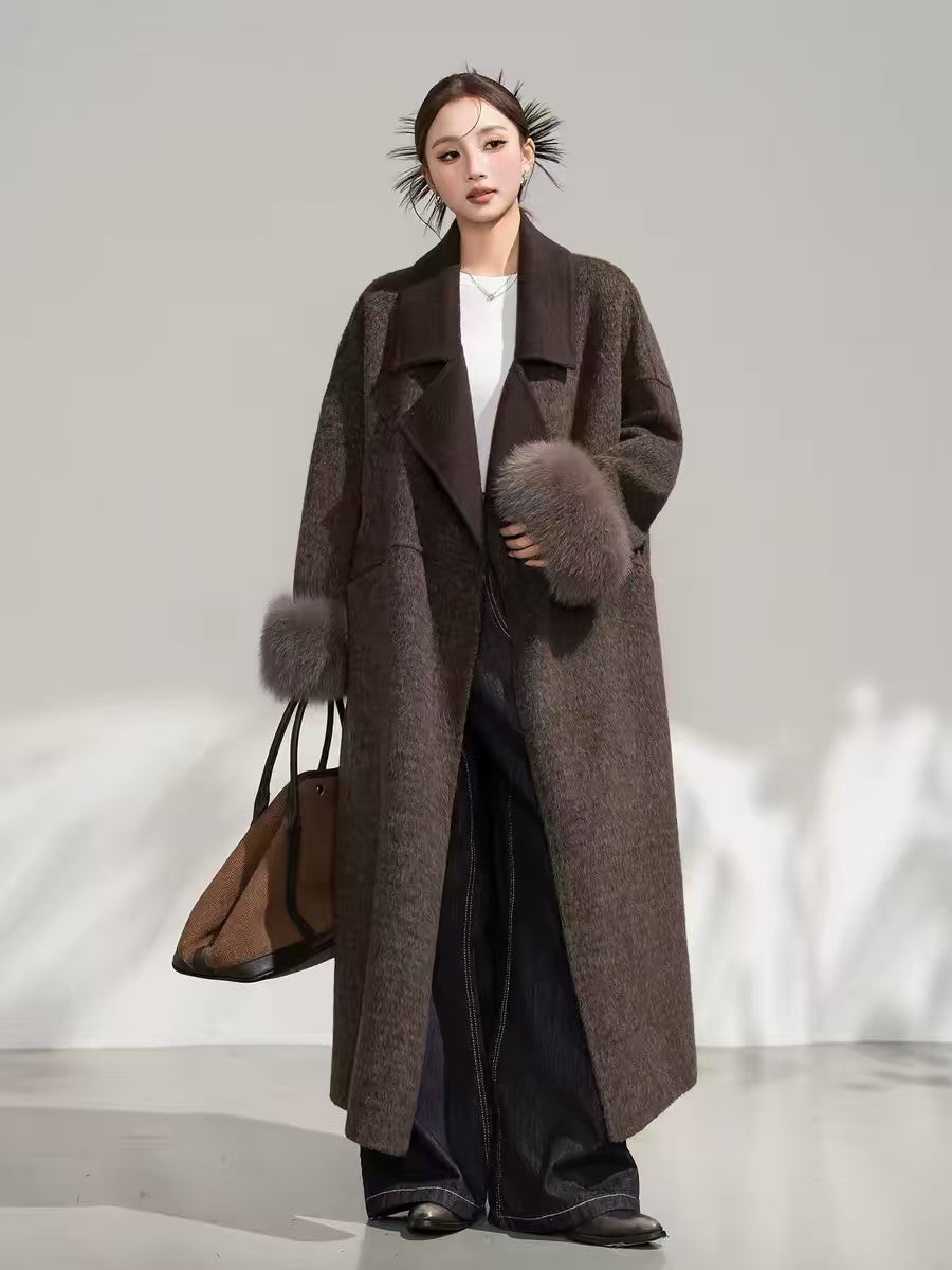 Pure Wool Midi Coat with Fox Fur Cuffs