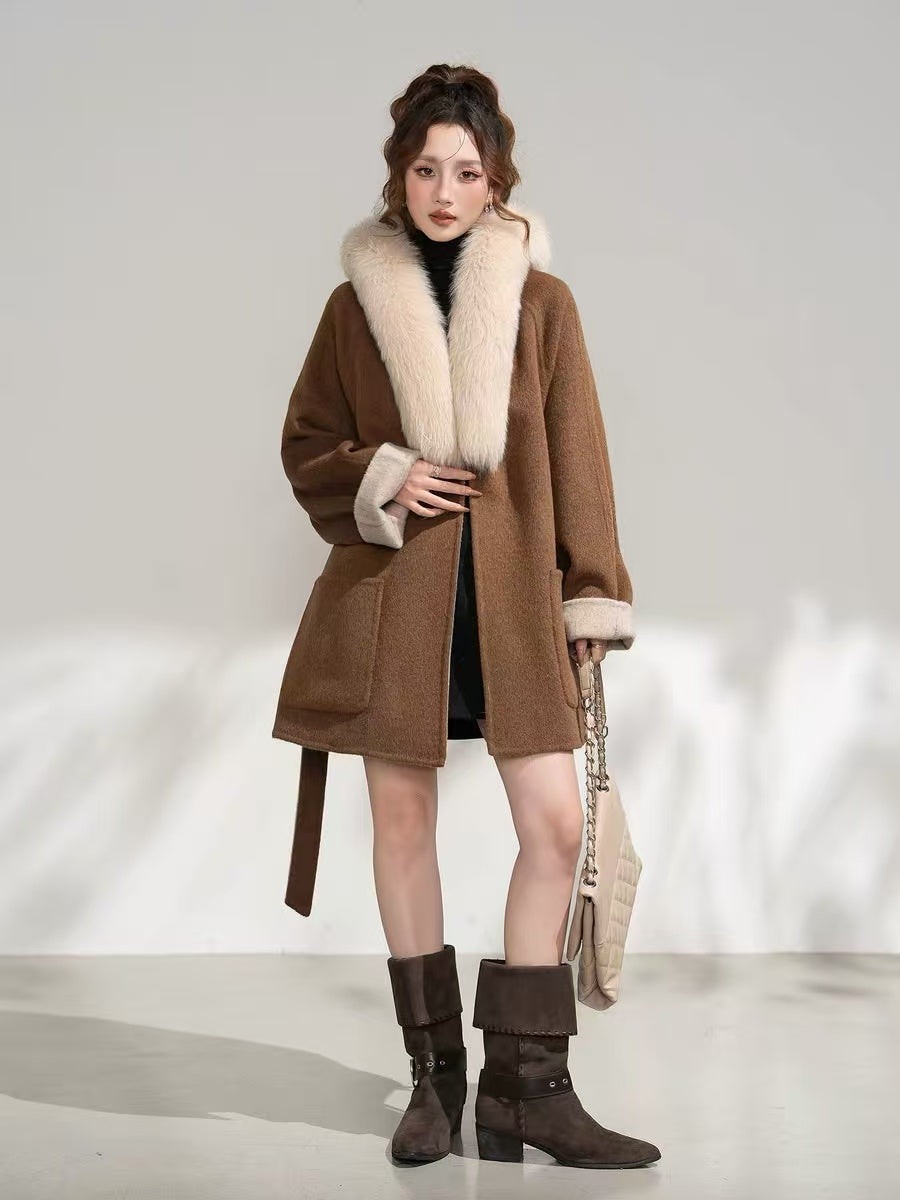 Luxe Fox Fur Collar Pure Wool Midi Coat