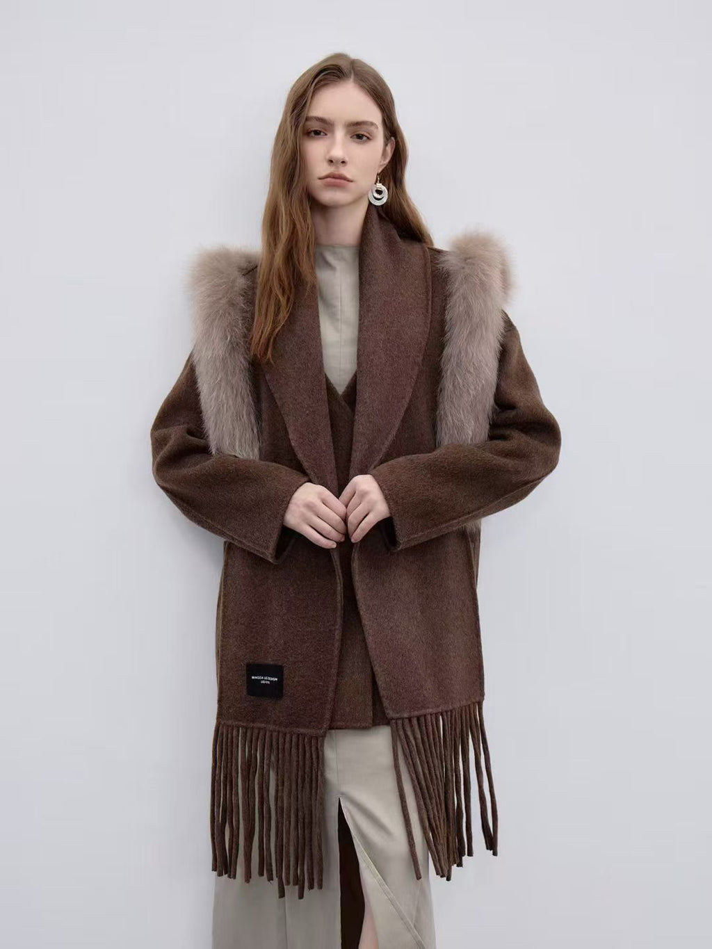 Pure Wool Fur Collar Fringe Coat