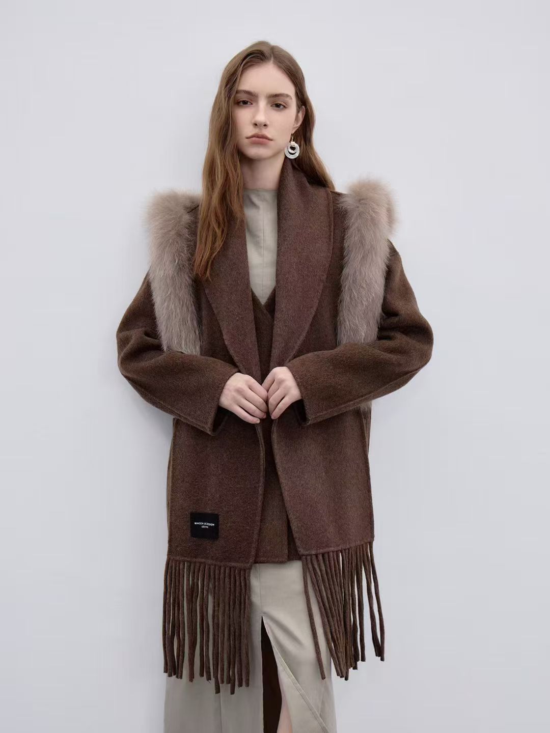 Pure Wool Fur Collar Fringe Coat
