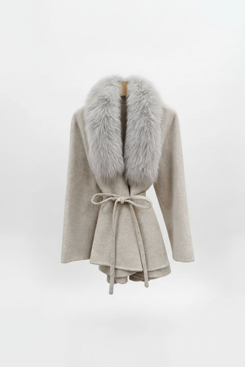 Beige Wool Coat Floating — Pure White Background