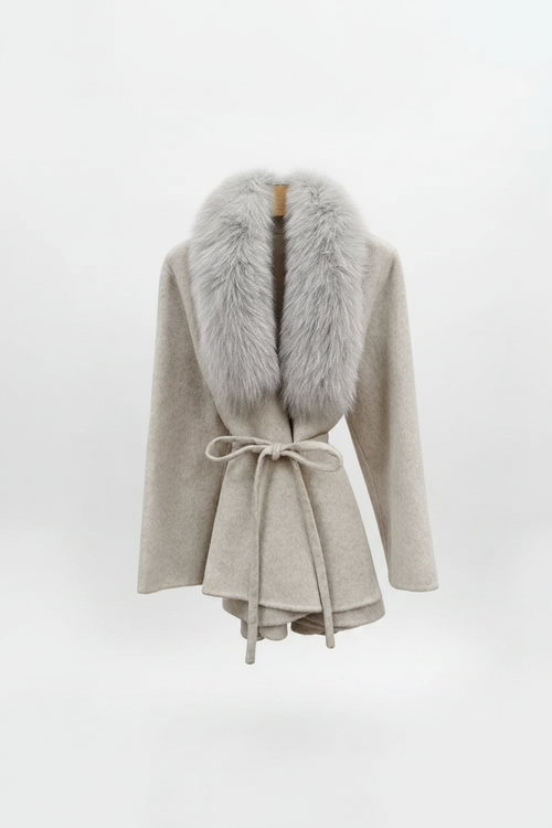Beige Wool Coat Floating — Pure White Background